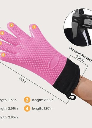 GEEKHOM BBQ Gloves Heat Resistant Oven Mitts - Silicone Grilling Gloves with 13.7" Arm Protection - Waterproof Pot Holder Non-Slip for Men & Women, Kitchen Outdoor Cooking, Baking, Camping, Pink