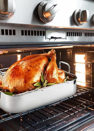 JY COOKMENT Roasting Pan with Baking Rack, 16.5 Inch Stainless Steel Turkey Roaster with Rack, Baster. Great for Turkey, Chicken, Ham, Vegetables