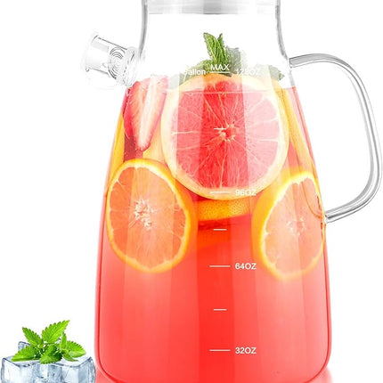 1 Gallon 128oz Glass Pitcher,Water Pitcher with Full Seal Lid and Spout, Glass Carafe for Hot/Cold Drink, Water Jug for Iced Tea, Coffee, Juice, Milk, Beverage