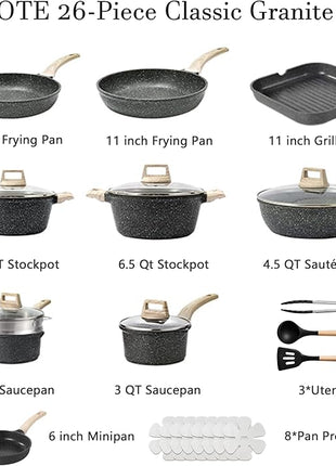 CAROTE 26Pcs Pots and Pans Set, Nonstick Cookware Sets, Granite Induction Cookware Non Stick Cooking Set w/Frying Pans & Saucepans(PFOS, PFOA Free)