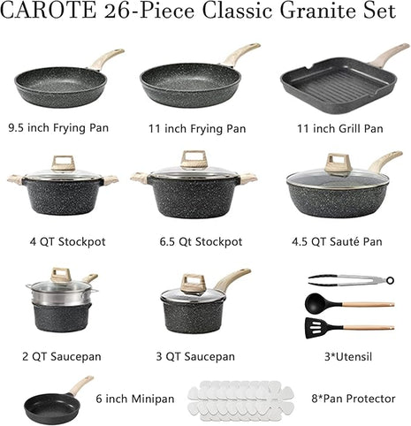 CAROTE 26Pcs Pots and Pans Set, Nonstick Cookware Sets, Granite Induction Cookware Non Stick Cooking Set w/Frying Pans & Saucepans(PFOS, PFOA Free)