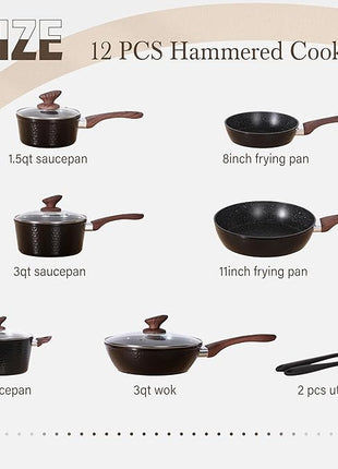Kitchen Academy Induction Pots and Pans Set Non Stick - 12 Pcs Nonstick Kitchen Cookware Set, Black Hammered Cooking Pans Set