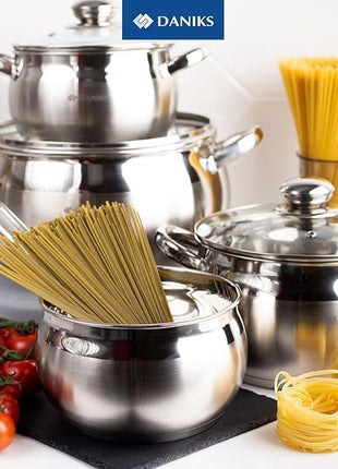 Daniks Classic 12-Piece Stainless Steel Cookware Set with Saucepan and Frying Pan, Glass Lids, Induction Compatible, Dishwasher Safe, Silver