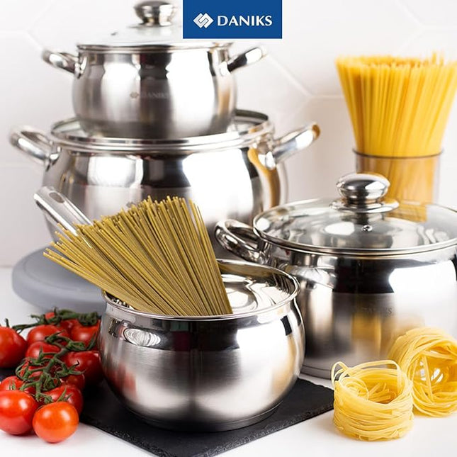 Daniks Classic 12-Piece Stainless Steel Cookware Set with Saucepan and Frying Pan, Glass Lids, Induction Compatible, Dishwasher Safe, Silver