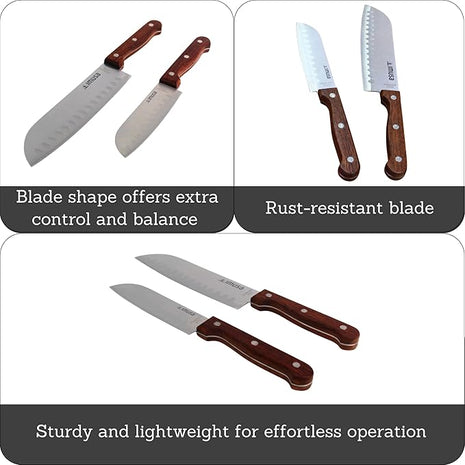 IMUSA, 2pc 5" & 7" Santoku Knife Set w/Wood Handle, Stainless Steel Kitchen Cooking Knifes