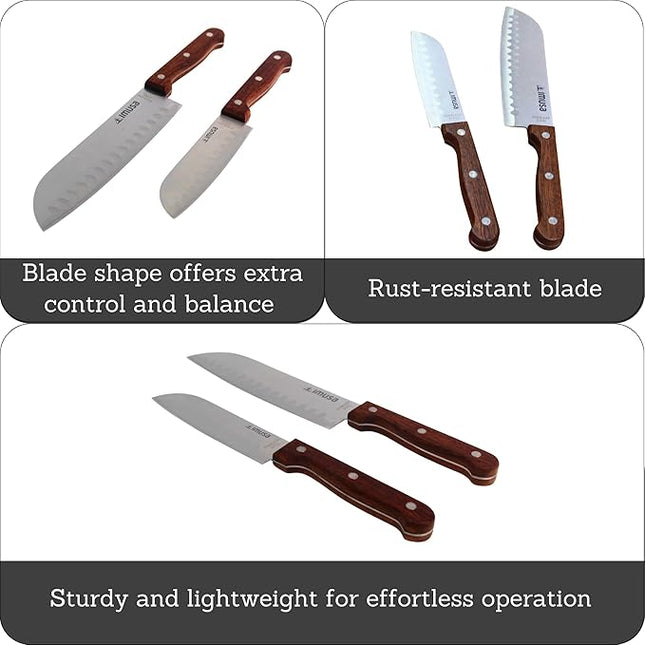 IMUSA, 2pc 5" & 7" Santoku Knife Set w/Wood Handle, Stainless Steel Kitchen Cooking Knifes
