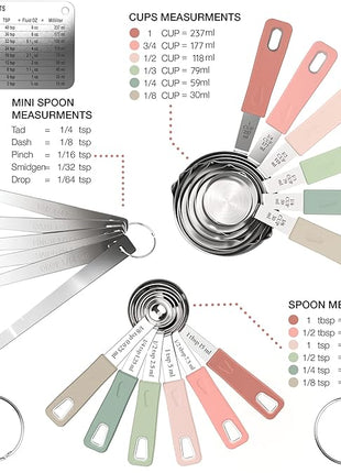 22-Piece Stainless Steel Measuring Cups and Spoons Set, Tad Dash Pinch Smidgen Drop Mini Measuring Spoons, Measuring Stick Leveler, Measurement Conversion Chart Fridge Magnet, (Country Chic)