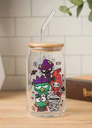 Silver Buffalo Sanrio Hello Kitty & Friends Halloween Spooky Badtz-Maru Frankenstein, Chococat Witch, My Melody Ghost, Keroppi Vampire, Mummy Glass Jar Tumbler w Bamboo Lid and Glass Straw, 16oz