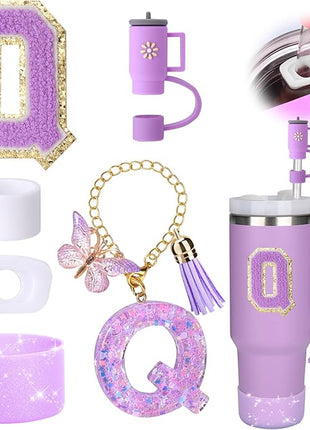 Mity rain 6PCS Cup Accessories Set for Stanley Cup 30oz 40oz tumbler with handle, Including Silicone Straw Topper Cover Cap and Boot, Spill Proof Stopper, Handle Charm, Initials Sticker (Letter Q)