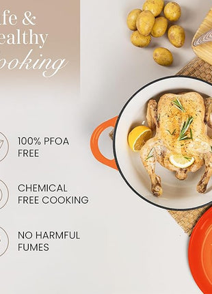 Nuovva Enamelled Cast Iron Dutch Oven Pot with Lid – 6.4 Quart Non Stick Casserole Pot – Heavy Duty & Oven Safe up to 500° F for Bread Baking, Braising, Stews, Roasting – 28cm Orange