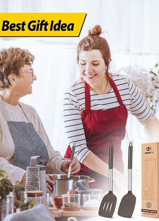 Pack of 2 Silicone Solid Turner, Non Stick Slotted Kitchen Spatulas, High Heat Resistant BPA Free Cooking Utensils, Ideal Cookware for Fish, Eggs, Pancakes(Chocolate)