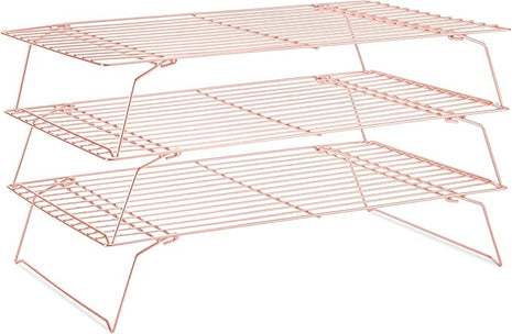 Cooling Rack for Baking 3 Tiers, 16" x 10" Cookie Cooling Wire Rack Stackable Collapsible Nonstick, Stainless Steel Baking Cooking Cooling Racks with Optimum Air Flow, Rose Gold