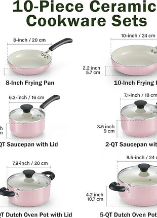 Cook N Home Pots and Pans Set Nonstick, 10-Piece Ceramic Kitchen Cookware Sets, Nonstick Cooking Set with Saucepans, Frying Pans, Dutch Oven Pot with Lids, Pink