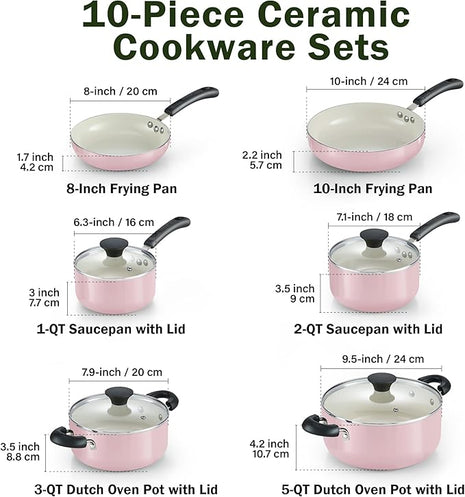 Cook N Home Pots and Pans Set Nonstick, 10-Piece Ceramic Kitchen Cookware Sets, Nonstick Cooking Set with Saucepans, Frying Pans, Dutch Oven Pot with Lids, Pink