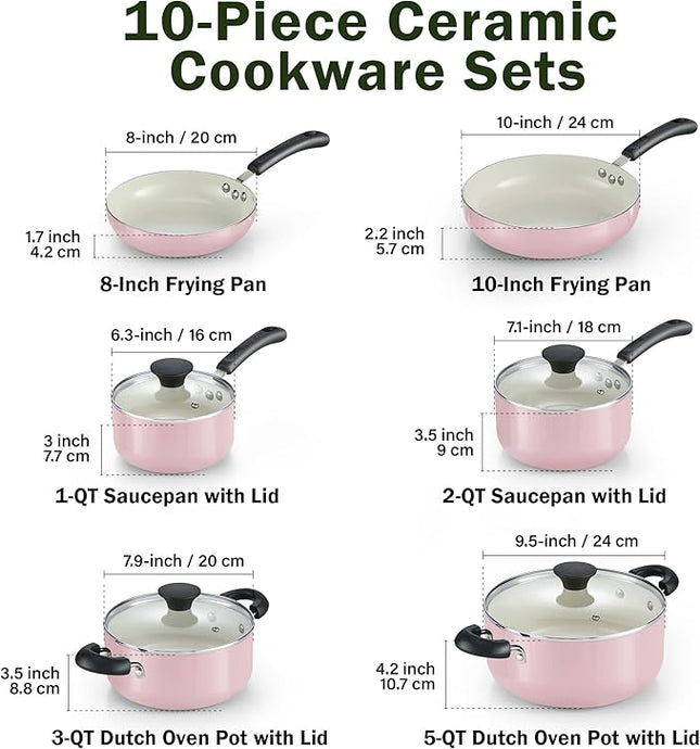 Cook N Home Pots and Pans Set Nonstick, 10-Piece Ceramic Kitchen Cookware Sets, Nonstick Cooking Set with Saucepans, Frying Pans, Dutch Oven Pot with Lids, Pink