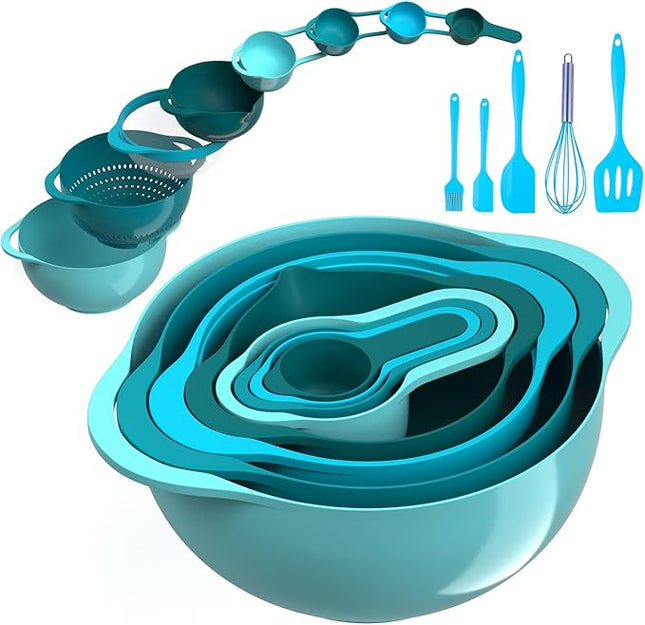 13 Pcs Mixing Bowls Set, RV Camping Accessories Set, Apartment Kitchen Gadget Easy Storage, Inculding Measuring Cups Colander Sifter Large Bowl Whisk Scraper, Great for Cooking and Baking, No BPA