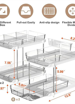 Delamu 2-Tier Multi-Purpose Bathroom Under Sink Organizers and Storage, Stackable Kitchen Pantry Organization, Pull Out Medicine Cabinet Organizer with Movable Dividers, Grey, 4 Pack