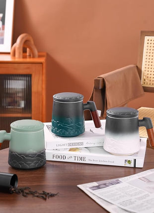 ZENS Tea Cup with Infuser and Lid for Loose Leaf Steeping, 16.9oz Embossed Ceramic Tea Infuser Mug, Wood Handle Tea Diffuser, Great Gift