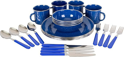 Stansport Deluxe 24-Piece Enamel Tableware Set - Enamel Plates and Bowls Lightweight and Durable Camp Dish Set for Camping and Backpacking Plates and Bowls for 4 People