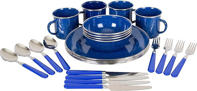 Stansport Deluxe 24-Piece Enamel Tableware Set - Enamel Plates and Bowls Lightweight and Durable Camp Dish Set for Camping and Backpacking Plates and Bowls for 4 People