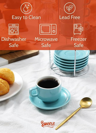 Sweese 8 Ounce Porcelain Stackable Cappuccino Cups with Saucers and Metal Stand - for Specialty Coffee Drinks, Cappuccino, Latte, Americano and Tea - Set of 4, Turquoise