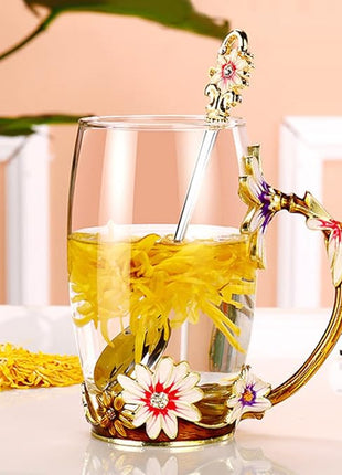 OEAGO Purple Gifts for Women Mom Mothers Day Glass Coffee Enamels Mug Best Birthday Flower Gifts for Her from Daughter Son Lead-Free Christmas Tea Cup with Spoon Set