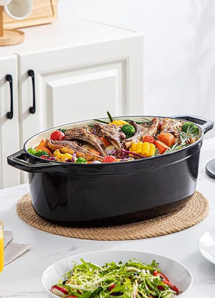 vancasso Enameled Cast Iron Oval Dutch Oven, 9.3 Quart with Non-Stick Enamel Coating for Bread Baking, Black Double Handle Pot with Lid