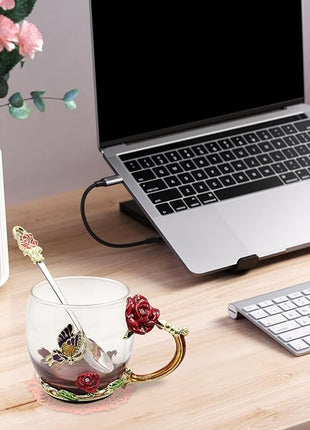 Enamels Butterfly Flower Tea Cup, Glass Coffee Mugs with Spoon, Gifts for Birthday Valentines Mothers Day Graduation Christmas, Presents for Women Wife Mom Her Grandma Girls Teacher Friends