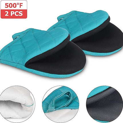 1 Pair Short Oven Mitts, Heat Resistant Silicone Kitchen Mini Oven Mitts for 500 Degrees, Non-Slip Grip Surfaces and Hanging Loop Gloves, Baking Grilling Barbecue Microwave Machine Washable