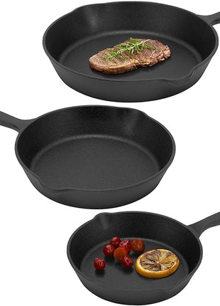 Navaris Cast Iron Skillet, 3 Pieces - Durable 15cm/20cm/25cm Cast-Iron Pan Set - Excellent Heat Retention, Ideal for Frying, Searing, and Sautéing - All-in-one Cookware Pot Set