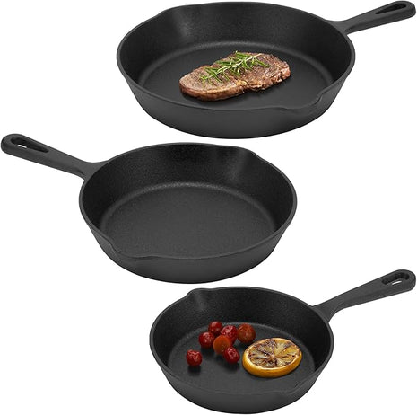 Navaris Cast Iron Skillet, 3 Pieces - Durable 15cm/20cm/25cm Cast-Iron Pan Set - Excellent Heat Retention, Ideal for Frying, Searing, and Sautéing - All-in-one Cookware Pot Set