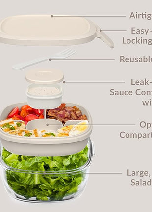Bentgo Glass All-in-One Salad Container - Large 61-oz Salad Bowl with Lid, 4-Compartment Bento-Style Tray, 3-oz Sauce Container, & Reusable Fork - Dishwasher, Microwave, & Oven Safe (White Stone Tan)