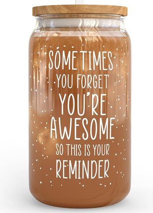 KLUBI Birthday Gifts for Women Who Have Everything - Sometimes You Forget You Are Awesome Gift for Her Birthday Presents for Mom From Daughter 16oz Glass Mug Present Baskets for Fun Teacher