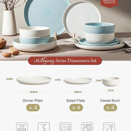 Famiware Milkyway Plates and Bowls Sets, 12 Pieces Dinnerware Sets, Reactive Glaze Dish Set, Stoneware Dishes Set for 4, Matte Beige White & Light Blue