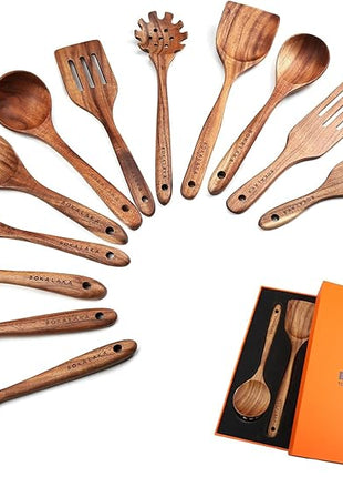 Wooden Spoons for Cooking,12 Pack Wooden Utensils for Cooking Wooden Cooking Utensils Wooden Kitchen Utensils Set Natural Teak Wooden Spatulas for Cooking