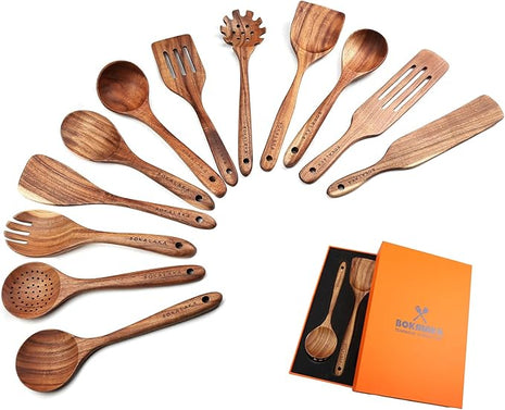Wooden Spoons for Cooking,12 Pack Wooden Utensils for Cooking Wooden Cooking Utensils Wooden Kitchen Utensils Set Natural Teak Wooden Spatulas for Cooking