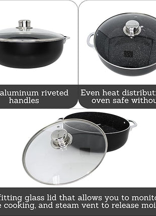 IMUSA 6.9Qt Bistro-Cera Aluminum Speckled Black Ceramic Caldero with Glass Lid, Nonstick Dutch Oven Pot for Rice, Family Meals, and Traditional Cooking, Black