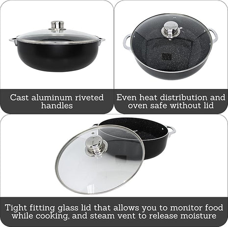IMUSA 6.9Qt Bistro-Cera Aluminum Speckled Black Ceramic Caldero with Glass Lid, Nonstick Dutch Oven Pot for Rice, Family Meals, and Traditional Cooking, Black