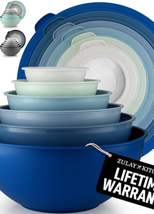 Zulay Kitchen 12 Piece Plastic Mixing Bowls with Leak-Proof Lids Set - Microwave and Freezer Safe Kitchen Mixing Bowls for Preparing, Serving and Storing - Large Nesting Bowls (Blue Ombre)