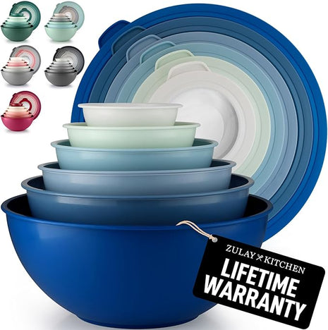 Zulay Kitchen 12 Piece Plastic Mixing Bowls with Leak-Proof Lids Set - Microwave and Freezer Safe Kitchen Mixing Bowls for Preparing, Serving and Storing - Large Nesting Bowls (Blue Ombre)