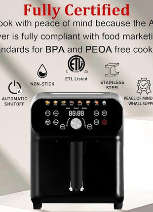 Air Fryer, 6.2QT Air Fryer Oven with LED Digital Touchscreen, 12 Preset Cooking Functions Air fryers, Bake, Reheat, Keep Warm, Nonstick and Dishwasher-Safe Basket, Stainless Steel/Black