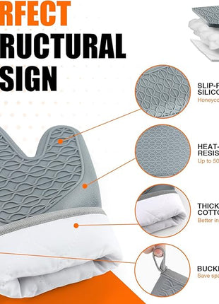 Silicone Oven Mitts, Heat Resistant 2PCS Oven Mitts with Soft Cotton Lining, Waterproof Non-Slip Grip Oven Glove, Kitchen Potholder Mits for BBQ, Baking, Cooking, 12.5 Inch - Grey