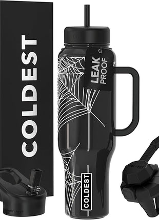 Coldest Tumbler with Handle and Straw, 100% Leak Proof Insulated Tumbler with Lid and Straw (3 Lids), Stainless Steel Tumblers for Women & Men, Cup Holder Friendly Base, 46 oz (Haunted Webs)