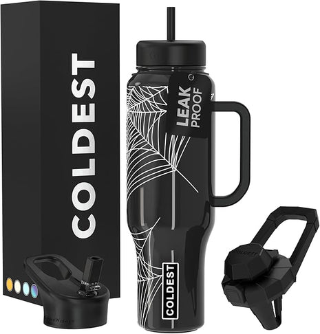 Coldest Tumbler with Handle and Straw, 100% Leak Proof Insulated Tumbler with Lid and Straw (3 Lids), Stainless Steel Tumblers for Women & Men, Cup Holder Friendly Base, 46 oz (Haunted Webs)