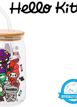 Silver Buffalo Sanrio Hello Kitty & Friends Halloween Spooky Badtz-Maru Frankenstein, Chococat Witch, My Melody Ghost, Keroppi Vampire, Mummy Glass Jar Tumbler w Bamboo Lid and Glass Straw, 16oz
