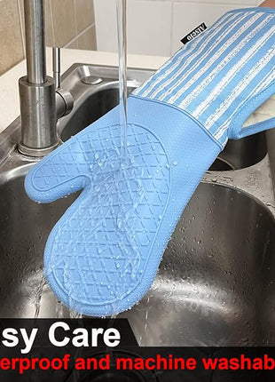 Silicone Oven Mitts Heat Resistant 932℉ with Waterproof & Non-Slip Kitchen Mittens, Set of 2 Extra Long Oven Gloves with Soft Cotton Terry Lining for Baking Cooking Barbecue (2, Blue Mitts)
