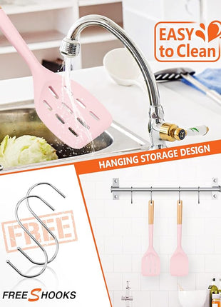Pack of 2 Silicone Spatula, Non Stick Cooking Utensil Set Wooden Handle Kitchen Turner for Baking Mixing Grilling Serving Food Heat Resistant Non Scratch Hooks Included (Pink)