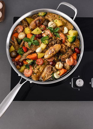 LOLYKITCH Whole Body Tri-Ply Stainless Steel 5.5 QT Sauté Pan with Lid,12 Inch Deep Frying Pan,Jumbo Cooker,Dishwasher and Oven Safe,Detachable Handle.