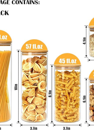 Airtight Glass Jars with Bamboo Lids, Glass Food Storage Containers Set - Set of 5 Kitchen Canisters for Sugar, Candy, Cookie, Rice and Spice Jars