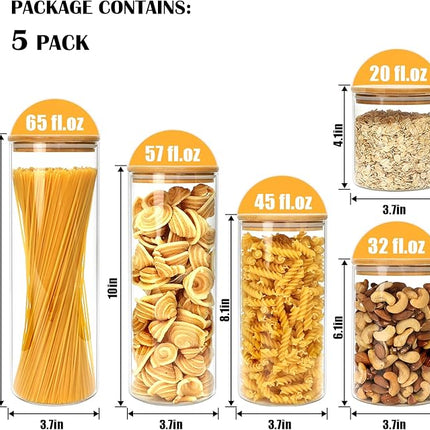 Airtight Glass Jars with Bamboo Lids, Glass Food Storage Containers Set - Set of 5 Kitchen Canisters for Sugar, Candy, Cookie, Rice and Spice Jars